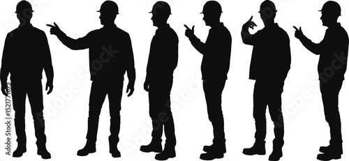 Silhouettes of construction workers in helmets pointing in various directions on white background