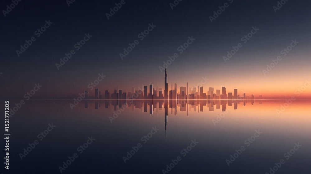 Fototapeta premium Spectacular sunrise cityscape of Dubai with reflected skyline on calm water