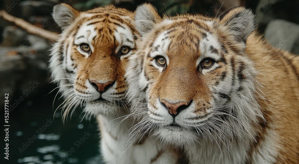 Fototapeta premium Two Siberian Tigers Close Up, Representing Wildlife Conservation and Endangered Species Awareness, a Powerful Image for Animal Welfare Campaigns : Generative AI