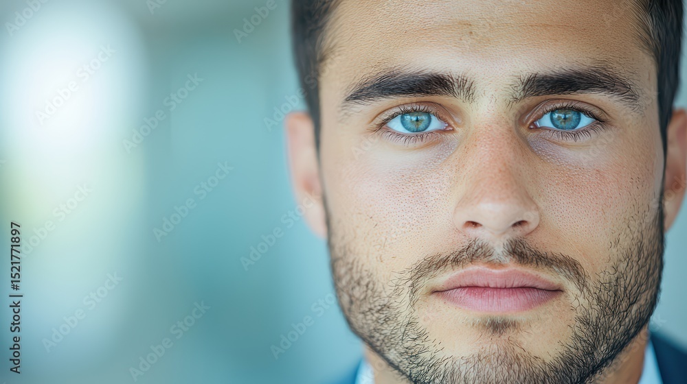 Obraz premium Portrait of a Young Man with Blue Eyes and a Confident Expression in Natural Light Setting