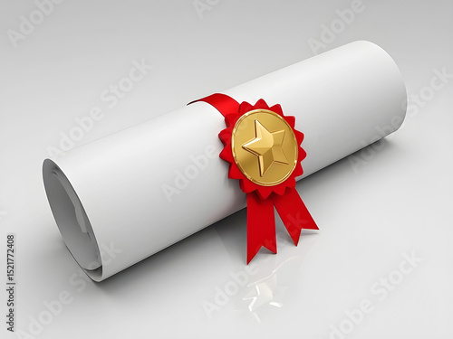 Rolled diploma with gold star medallion and red ribbon isolated on white background
