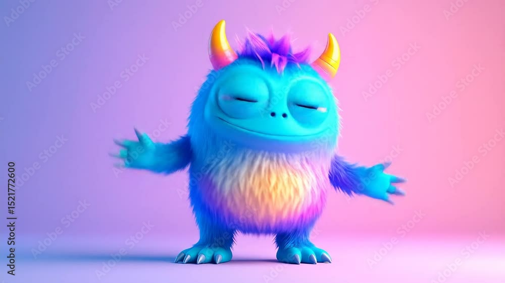 A friendly, furry, blue monster with vibrant colors and gradient fur, posed against a gradient background of purple and pink A friendly, furry, blue monster with vibrant colors and gradient fur, posed against a gradient background of purple and pink