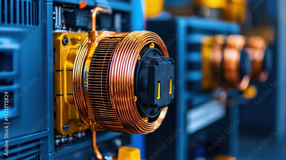 Obraz premium Close-up View of Copper Winding on Industrial Equipment and Machinery in a Modern Manufacturing Facility