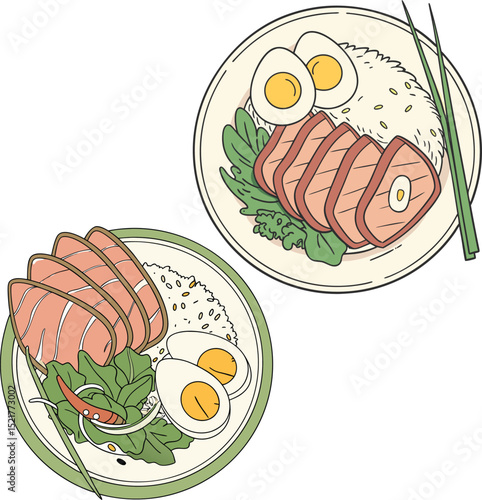 Asian Tuna Rice Bowl with Egg – Vector Food Illustration