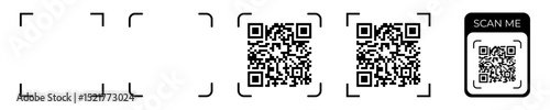 QR code icon set with various scan frames and a "scan me" label isolated on transparent background, modern vector elements for digital interaction, mobile access, and quick information sharing