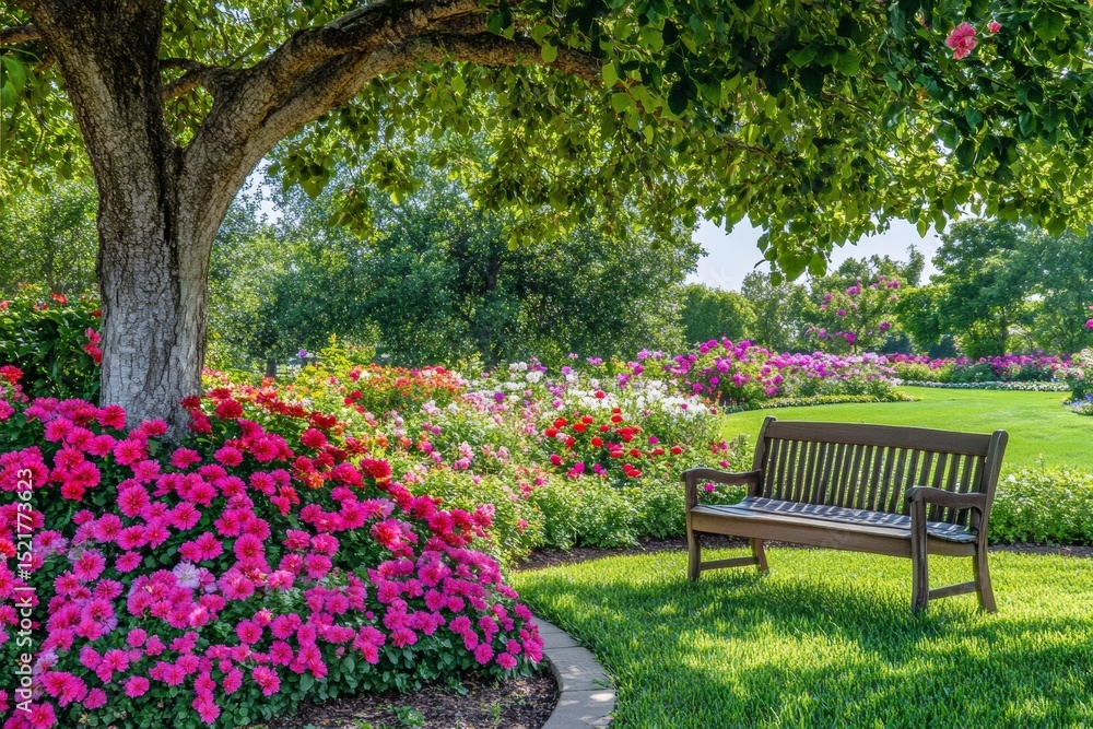 Fototapeta premium A colorful summer garden filled with blooming flowers surrounds a wooden bench nestled beneath a shady tree, inviting moments of relaxation and enjoyment of natures beauty