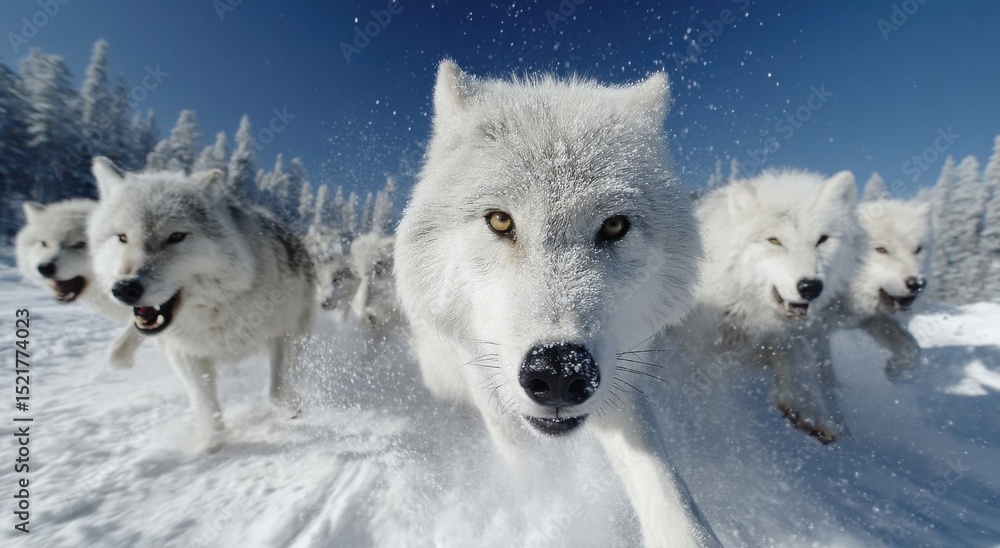 Obraz premium Pack of White Wolves Running Through Deep Snow in Winter, Showcasing Wildlife Conservation and Wilderness Adventure : Generative AI