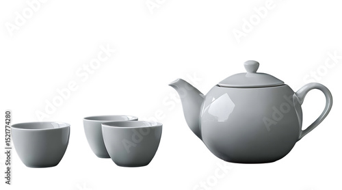 Minimalist tea set composition featuring elegant white teapot and matching cups isolated on transparent background for clean design
