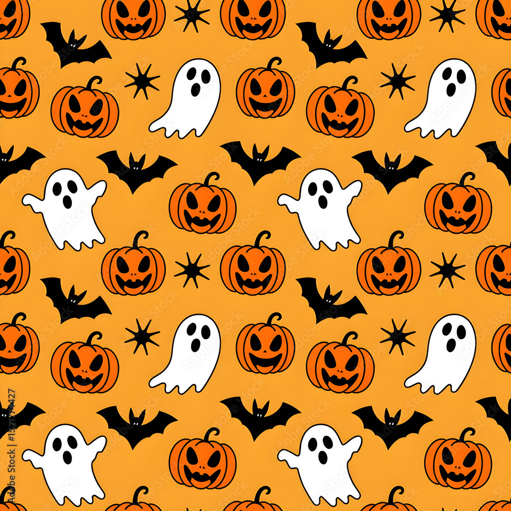 Seamless Halloween pattern featuring ghosts, pumpkins, and bats Seamless Halloween pattern featuring ghosts, pumpkins, and bats