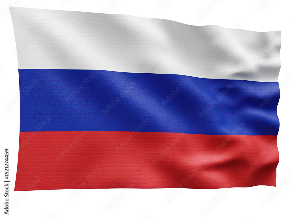 Naklejka premium Russian tricolor flag, lightly waving and entirely visible, floating without support, isolated on a transparent background