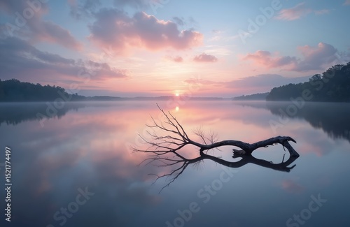 Dead tree branch in water reflects sunset sky, clouds. Calm water surface creates mirror effect, horizon with misty silhouettes of trees. Peaceful nature scene, tranquil environment.