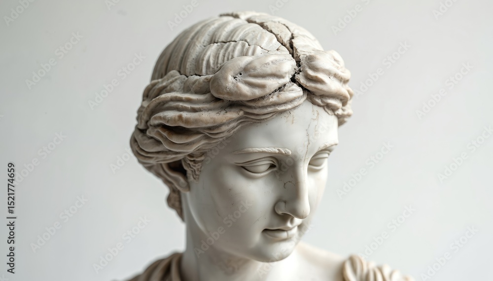 Obraz premium Marble head of ancient statue. Portrait of woman with delicate features, detailed sculpture art. Decorative element, classical design, historical monument, relic from past.