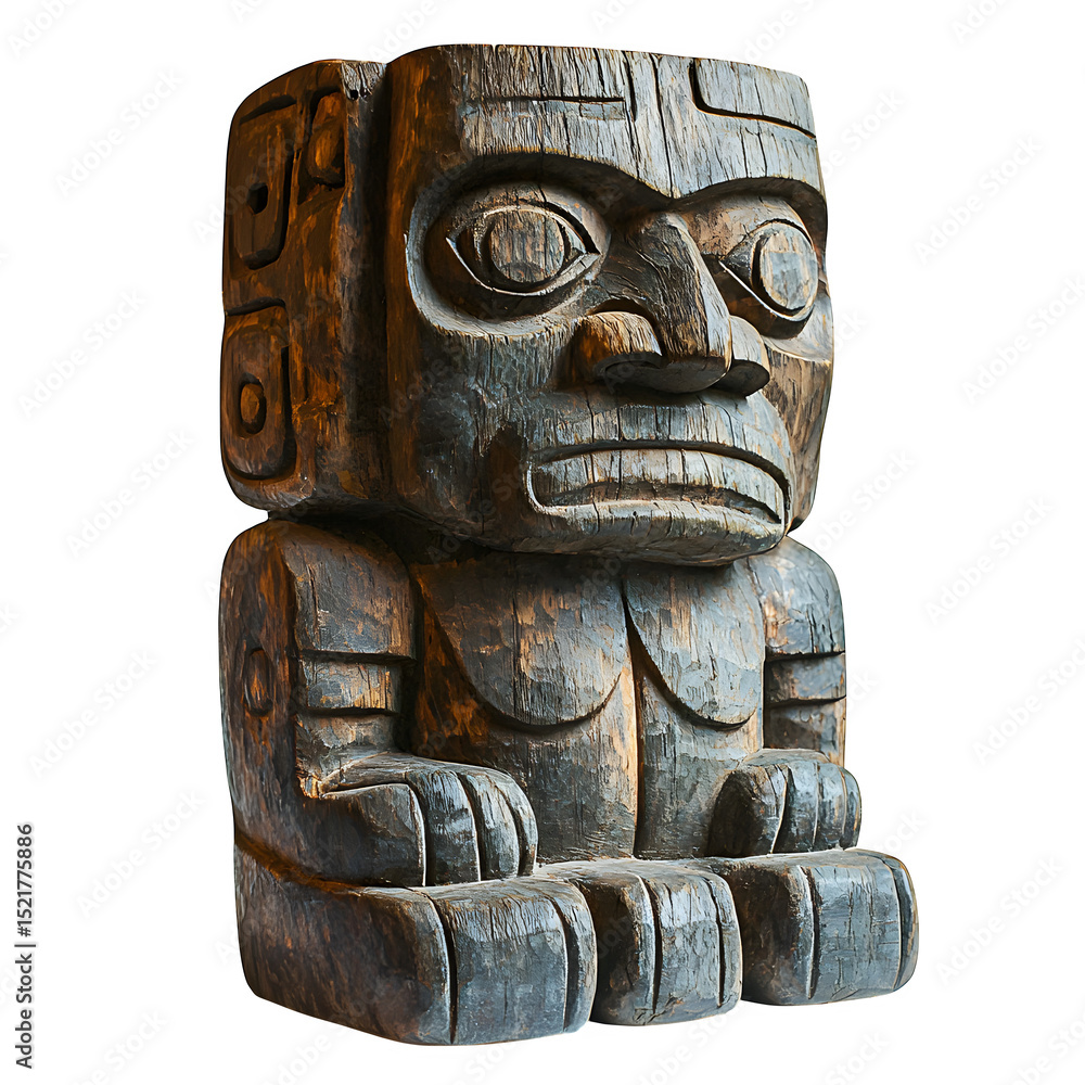 A small hand-carved wooden Inca figurine, showing signs of age, isolated on a white background, soft lighting emphasizing the fine craftsmanship. A small hand-carved wooden Inca figurine, showing signs of age, isolated on a white background, soft lighting emphasizing the fine craftsmanship.
