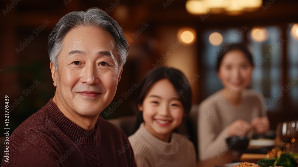 Joyful family gathering, smiling grandfather and two women at dinner table in cozy restaurant setting Joyful family gathering, smiling grandfather and two women at dinner table in cozy restaurant setting