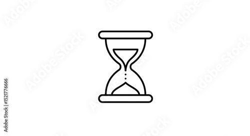 A simple line drawing of a black hourglass with sand falling on a white background, isolated view