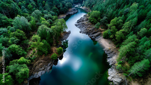 Winding river flows through lush green landscape, reflecting serene sky and vibrant foliage under soft sunlight