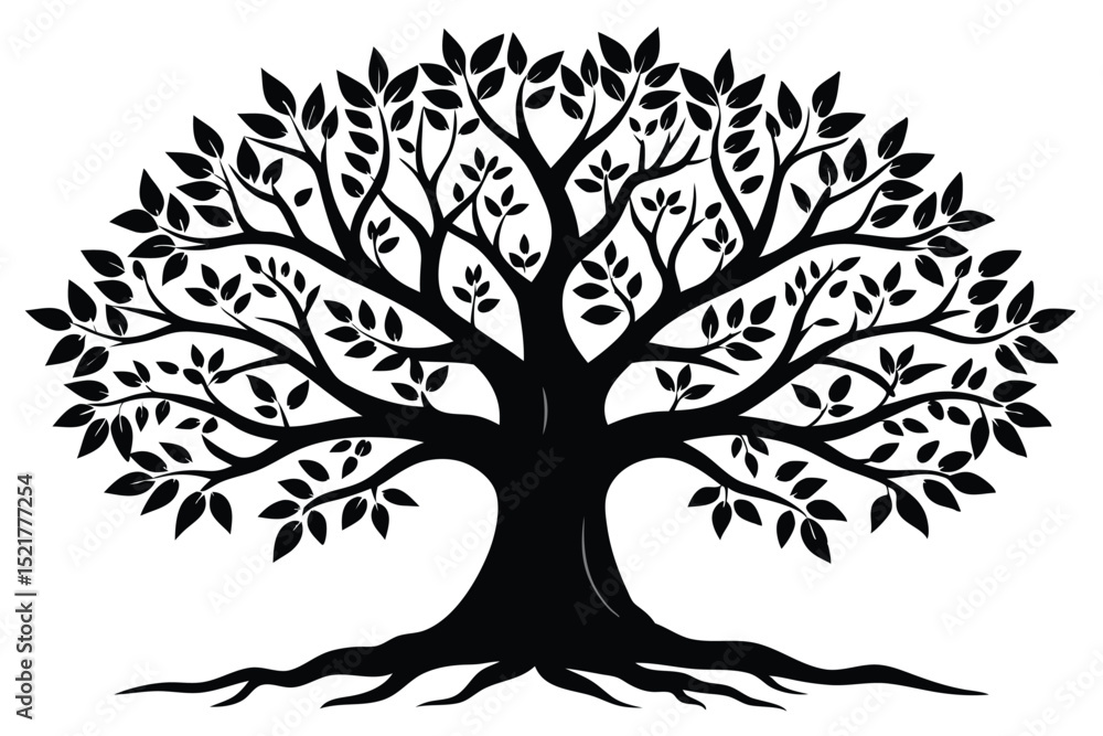 Obraz premium Silhouette of a Lush Tree with Branches, Leaves, and Roots Artwork