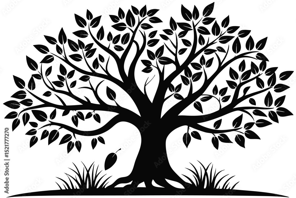 Obraz premium Silhouette of a Deciduous Tree with Full Foliage and Tall Grass Illustration