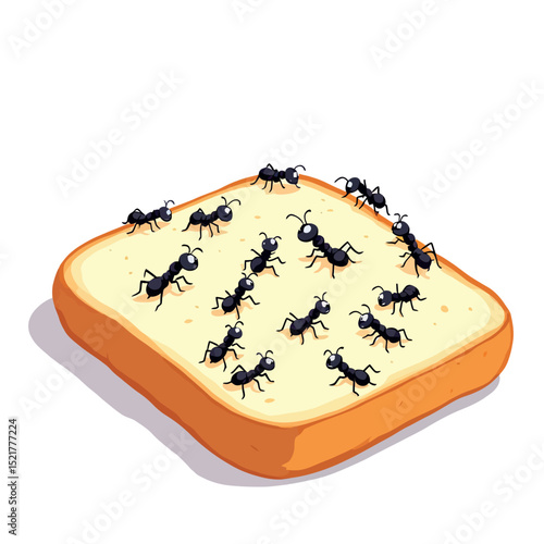 Vsai ants are crawling on a slice of bread, food waste and pest control