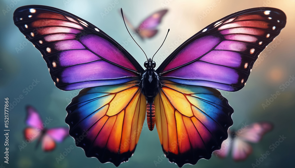 Illustration of colorful butterfly with purple blue yellow orange red wings. Butterfly insect, flying at garden. Vivid colors. Digital art shows beauty of nature. Beautiful artwork for print, design. Illustration of colorful butterfly with purple blue yellow orange red wings. Butterfly insect, flying at garden. Vivid colors. Digital art shows beauty of nature. Beautiful artwork for print, design.