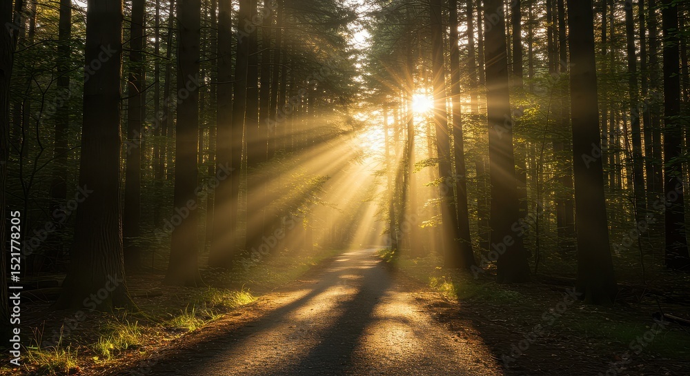 Fototapeta premium A sunlit path through a dense forest with tall trees casting long shadows on the road ahead in the morning