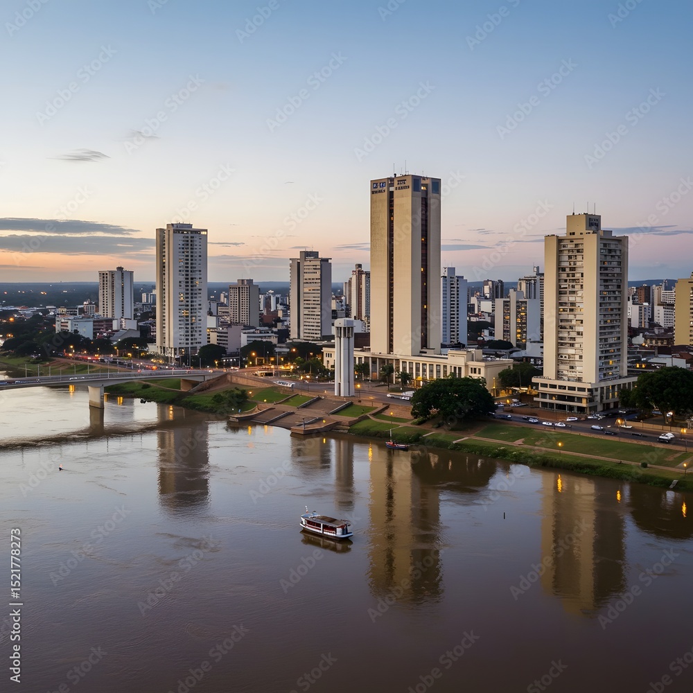 Obraz premium Cityscape at Dusk View of River and Buildings