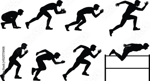 Silhouette Icons of Running and Track Activities: Sprinting, Jumping, and Hurdling Poses