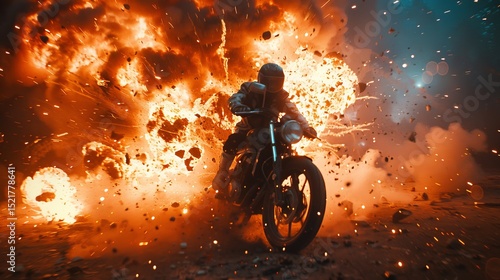 Man rides away from exploding bike in a dramatic action movie scene.