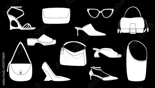 A collection of stylish women's accessories and shoes, made in the form of a minimalist black and white illustration. The image is suitable for use in fashion blogs, design projects, advertising banne
