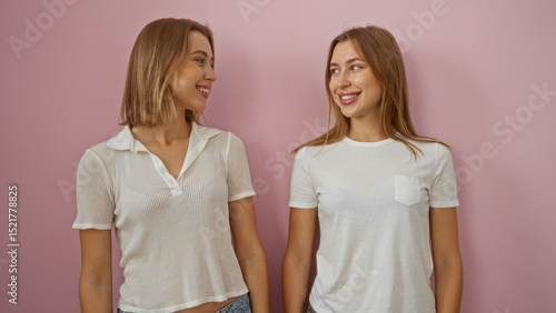 Women smiling together against pink background showcasing family love and sisterly bond with blonde twin sisters in casual white attire, highlighting feminine connection.