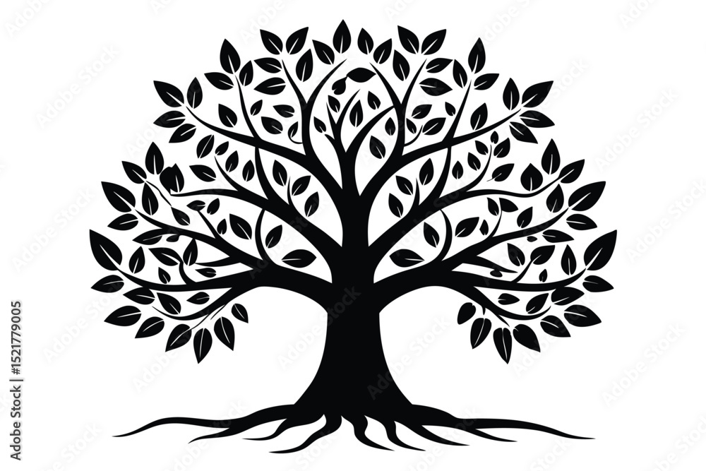Stylized Black Tree Silhouette with Leaves, Branches, and Roots Vector Illustration Graphic Element Stylized Black Tree Silhouette with Leaves, Branches, and Roots Vector Illustration Graphic Element