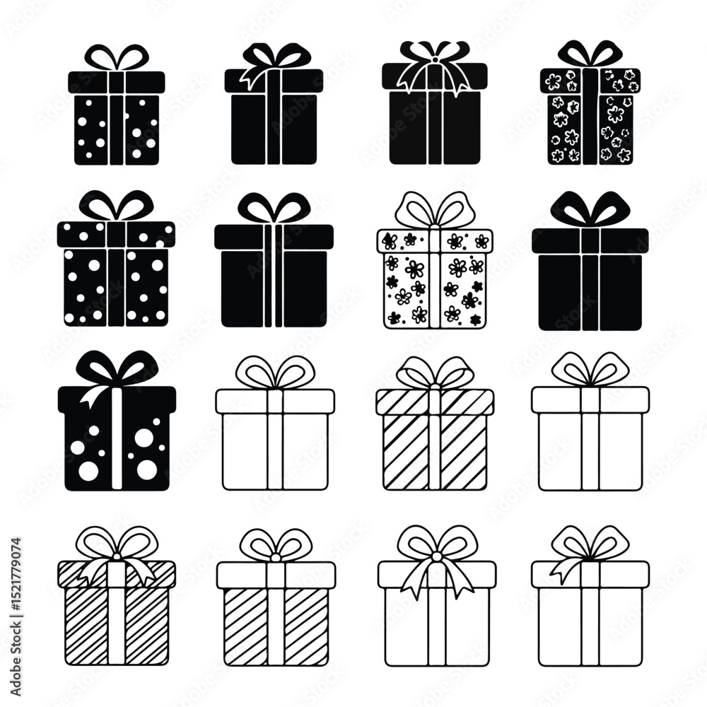 Collection of 16 Simple Gift Box Icons Black and White Vector Graphics Collection of 16 Simple Gift Box Icons Black and White Vector Graphics