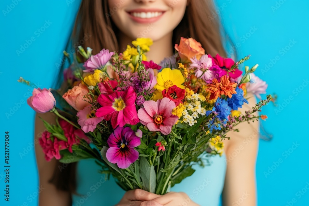 A young woman smiles brightly while holding a lush bouquet filled with colorful flowers. Her cheerful expression enhances the vibrant colors of the bouquet set against a striking blue backdrop A young woman smiles brightly while holding a lush bouquet filled with colorful flowers. Her cheerful expression enhances the vibrant colors of the bouquet set against a striking blue backdrop