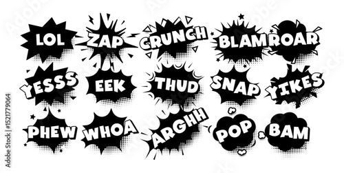 Comic fun meme sticker, speech bubble, pop art shout, retro exclamations. Black white sound effects for comics, branding, jokes, design elements. Vector illustration