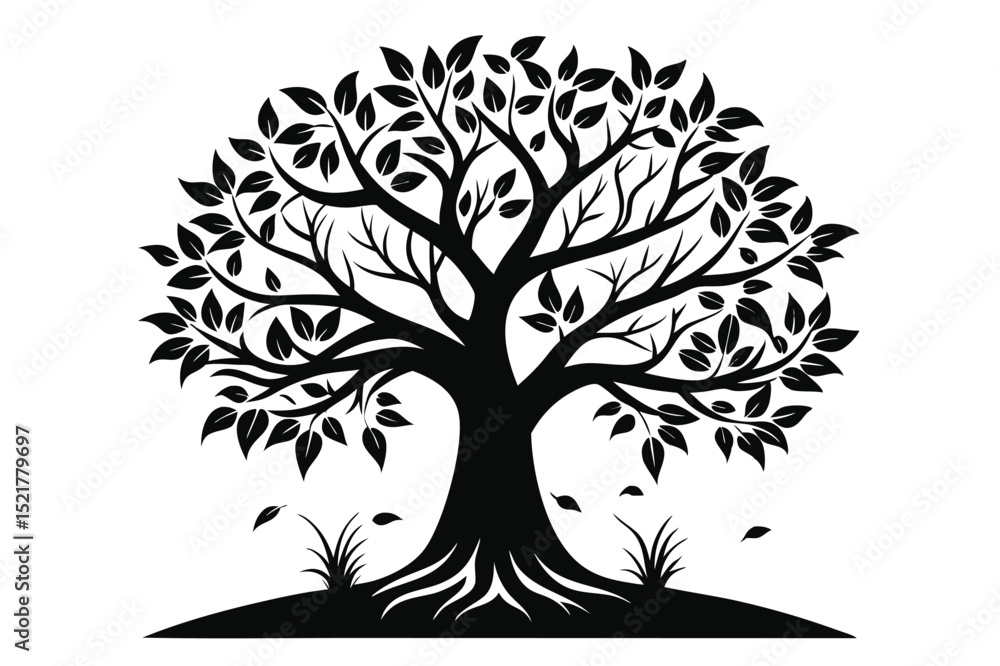 Silhouette of a Black Tree with Leaves and Roots, Surrounded by Grass and Falling Leaves Silhouette of a Black Tree with Leaves and Roots, Surrounded by Grass and Falling Leaves