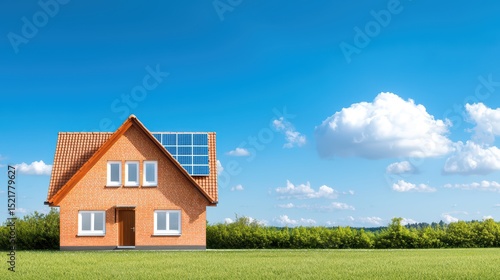 Wallpaper Mural Modern Eco-Friendly House with Solar Panels on Roof Surrounded by Green Landscape and Blue Sky Torontodigital.ca
