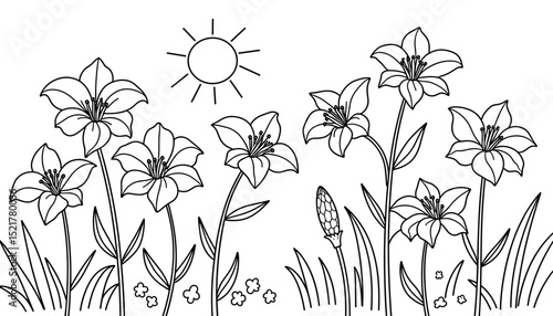 Illustration of flowers in a garden with sun in a coloring book concept  