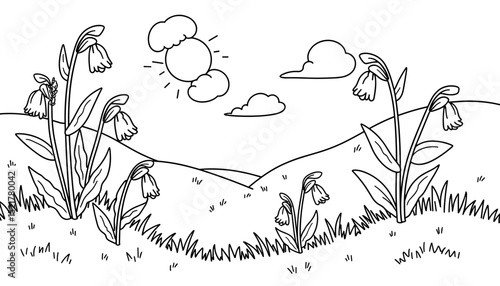 Spring landscape with snowdrop flowers and sun in the background - Concept of Coloring Set for Children  