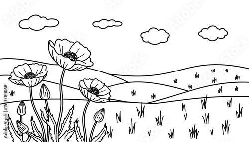 Poppy flower coloring page with hills and clouds in a landscape  