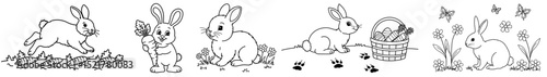 Set of children's coloring pages featuring rabbits and Easter themes  
