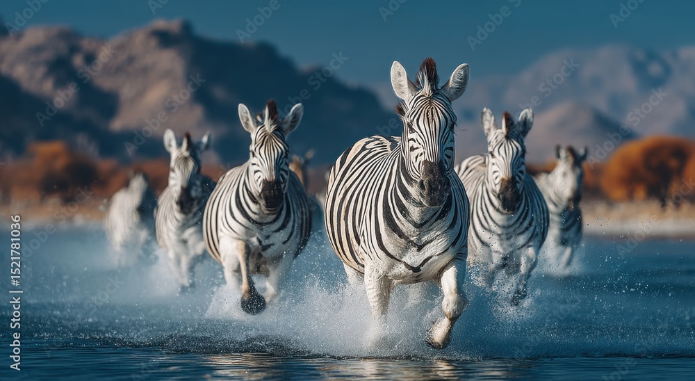 Fototapeta premium Zebras Running Through Water in Africa, Showcasing Wildlife Conservation and Natural Beauty, Ideal for Travel and Tourism Marketing : Generative AI