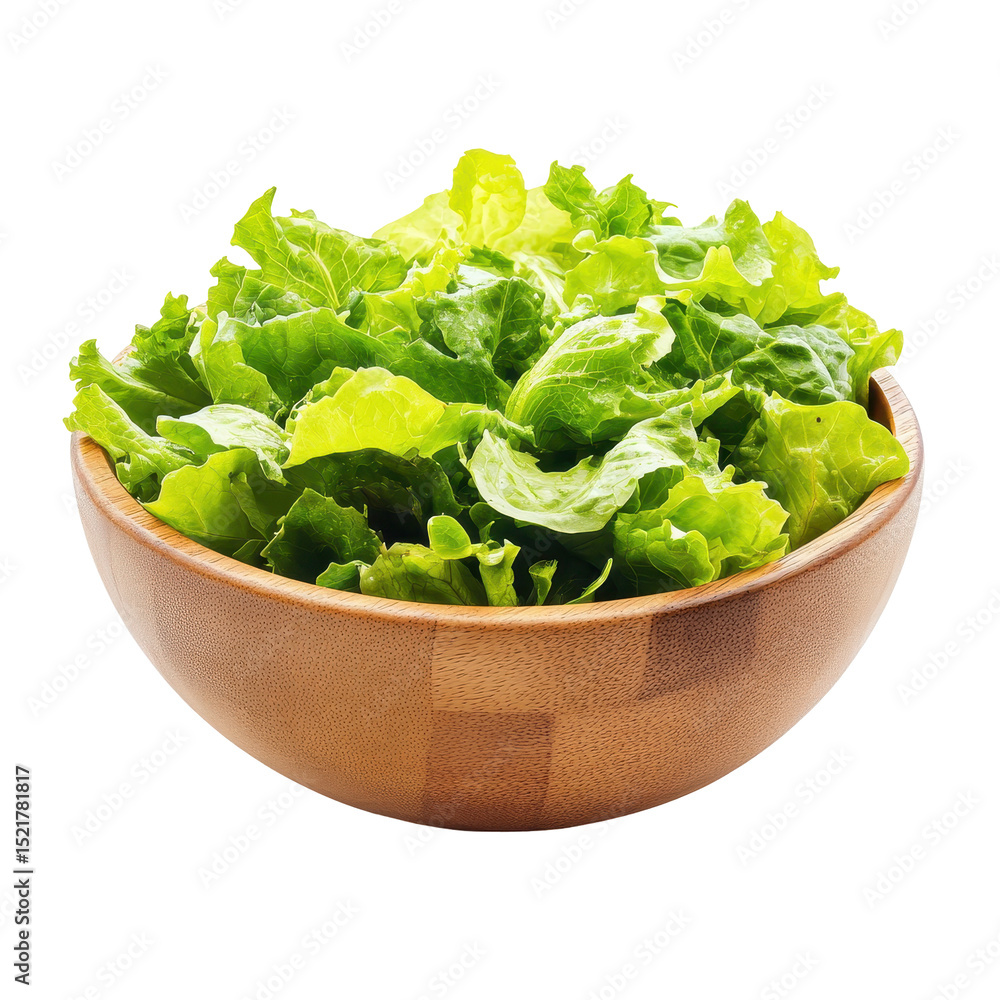 Fresh green lettuce displayed in a wooden bowl ready for salad preparation at a kitchen counter Fresh green lettuce displayed in a wooden bowl ready for salad preparation at a kitchen counter