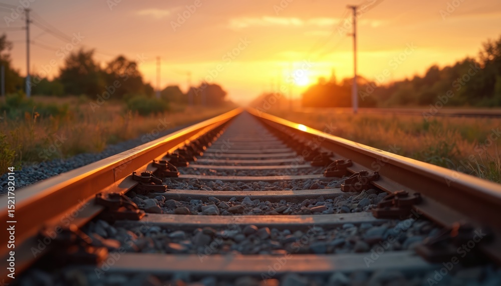 Fototapeta premium Railway track during golden sunset. Sunlight, orange sky, railroad rails, leading lines toward horizon. Peaceful landscape, scenic nature, outdoor travel, journey, path, freedom.