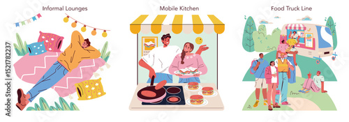 Relaxing at Informal Lounges, Mobile Kitchens, Food Truck Line
