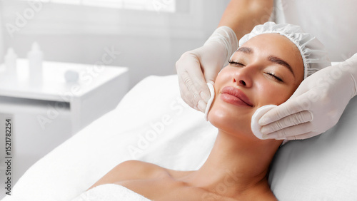 Professional cosmetologist cleansing lady's skin with cotton pads during facial beauty treatment procedures at beauty parlor, panorama with free space
