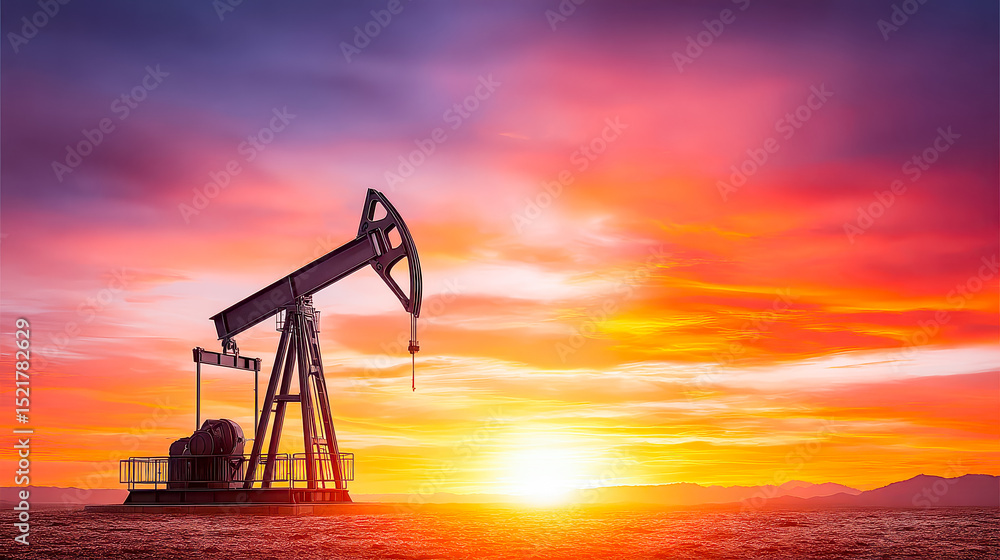 Sunset glow highlights oil pump in serene landscape, blending nature and industry at dusk Sunset glow highlights oil pump in serene landscape, blending nature and industry at dusk