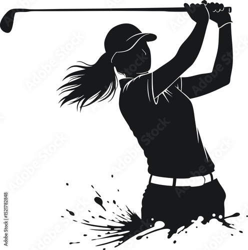 Dynamic silhouette of a female golfer swinging a club with powerful athletic movement