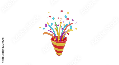Professional 3D Render of Generic Party Popper Emoji Exploding with Colorful Confetti Isolated on White Background