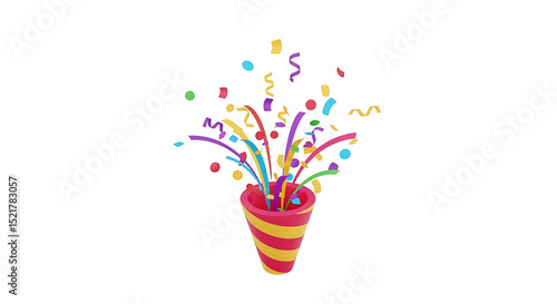 Professional 3D Render of Generic Party Popper Emoji Exploding with Colorful Confetti Isolated on White Background