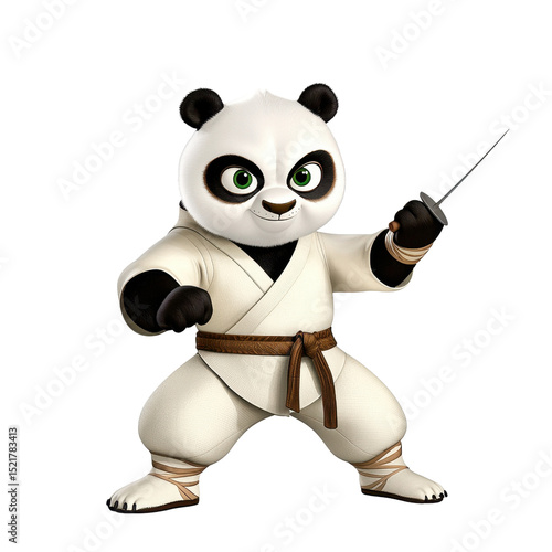 A playful cartoon panda, rendered in 3D, is depicted in a martial arts stance. The panda wears a cream colored karate gi and holds a long, thin dagger. The background is transparent. 